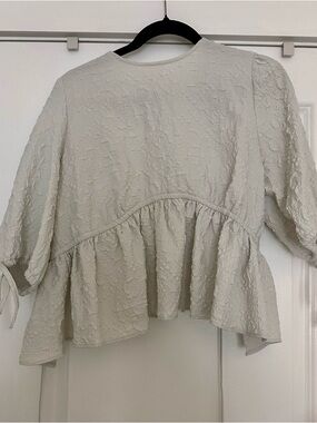 Zara Textured Peplum Blouse in White with Tie Back